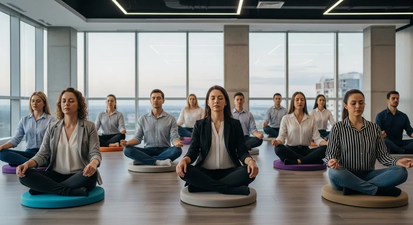 Equipo de oficina practicando una meditación guiada