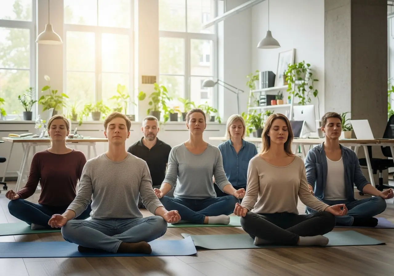 Equipo de trabajo en sesión de mindfulness en oficina luminosa