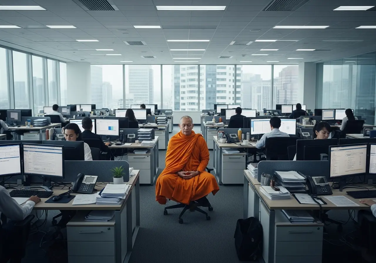 Empleado practicando mindfulness discretamente en su lugar de trabajo para reducir el estrés y mejorar la concentración
