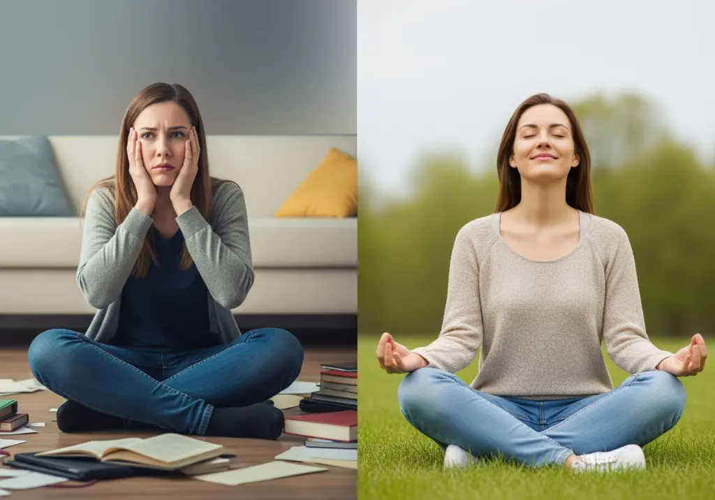 Persona angustiada y persona meditando en calma alcanzando claridad espiritual