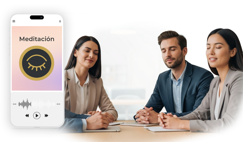 Equipo de trabajo meditando en la empresa
