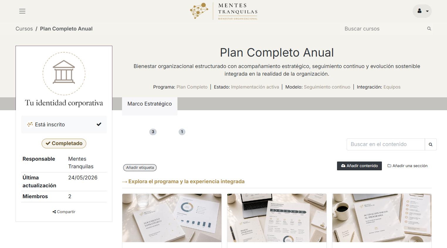 Interfaz real de Mentes Tranquilas Hub, entorno digital corporativo para acompañar la intervención organizacional.